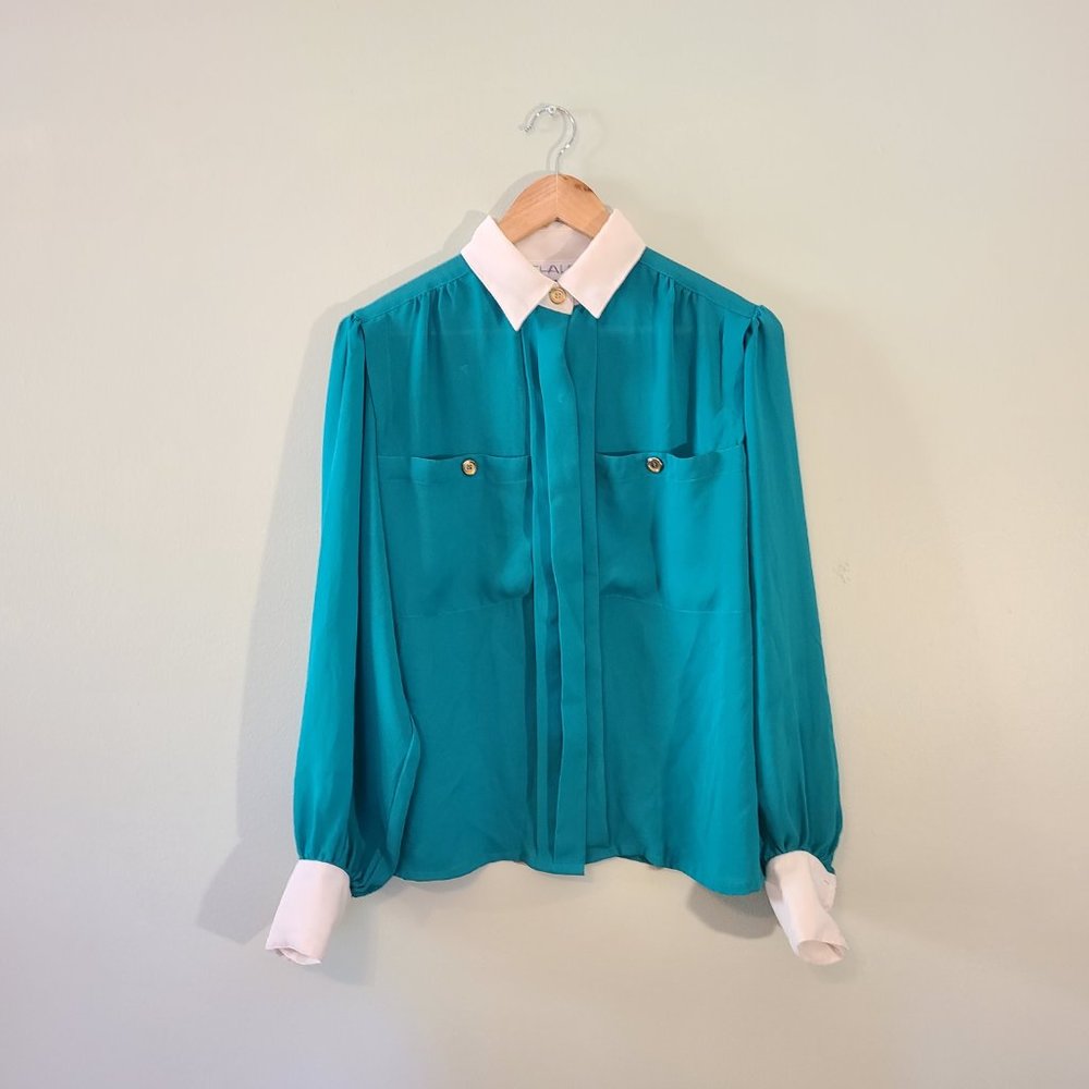 Vintage Green Long-Sleeved Polyester Shirt with White Collar
